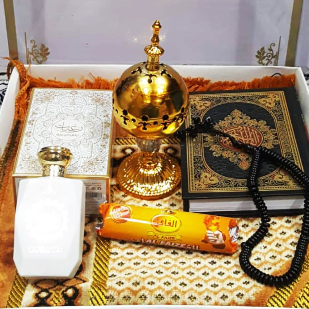 Pack sajadah+ quraan+ tasbih + mbekhra+ fakher+ parfum oud
