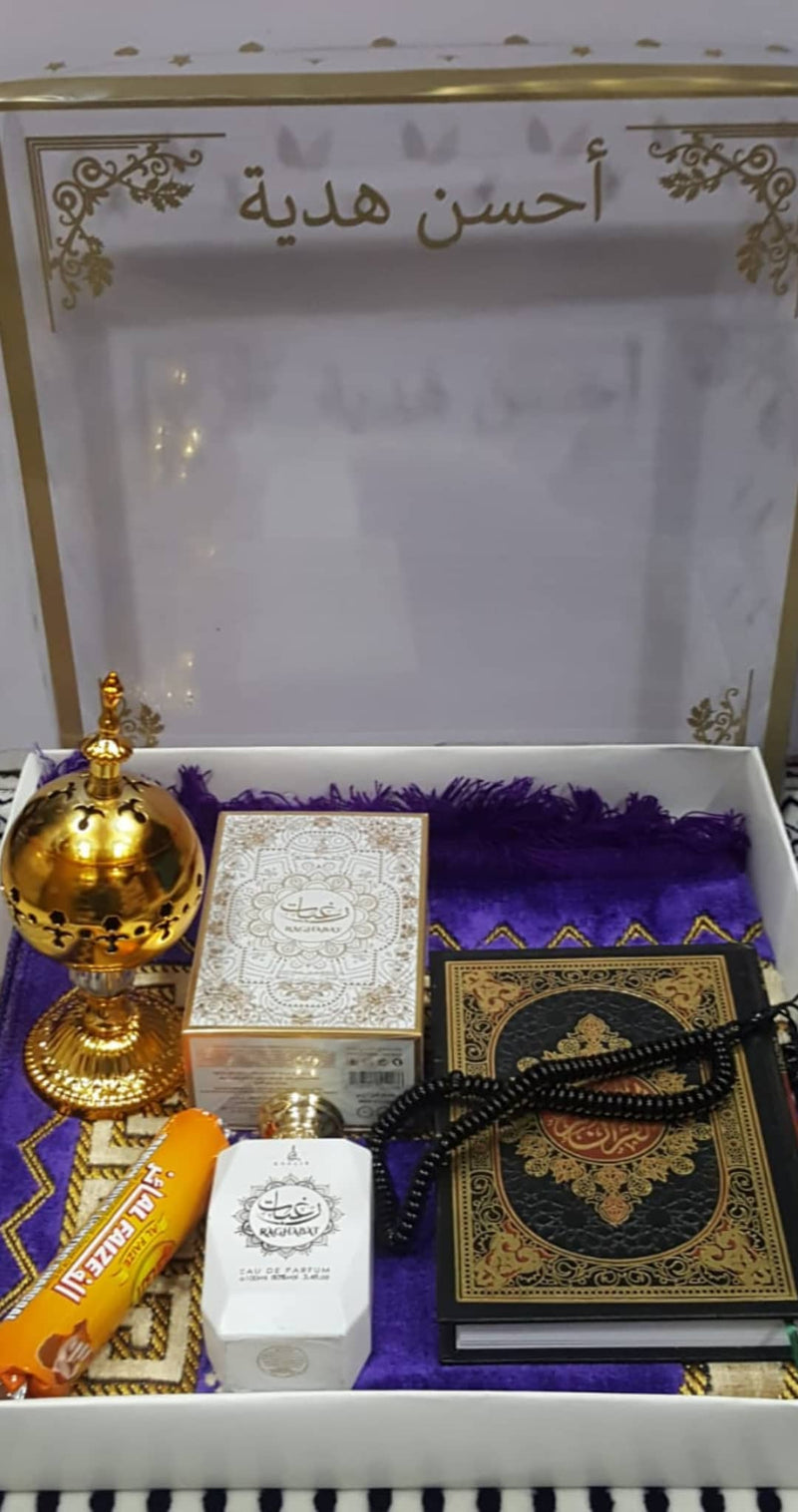 Pack sajadah+ quraan+ tasbih + mbekhra+ fakher+ parfum oud